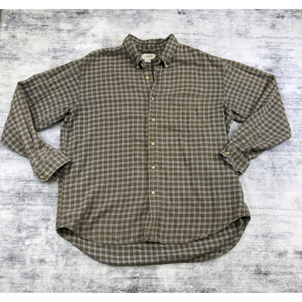 J.Crew Mens XL Olive Green White Grid Plaid Cotton Button Down Shirt Long Sleeve